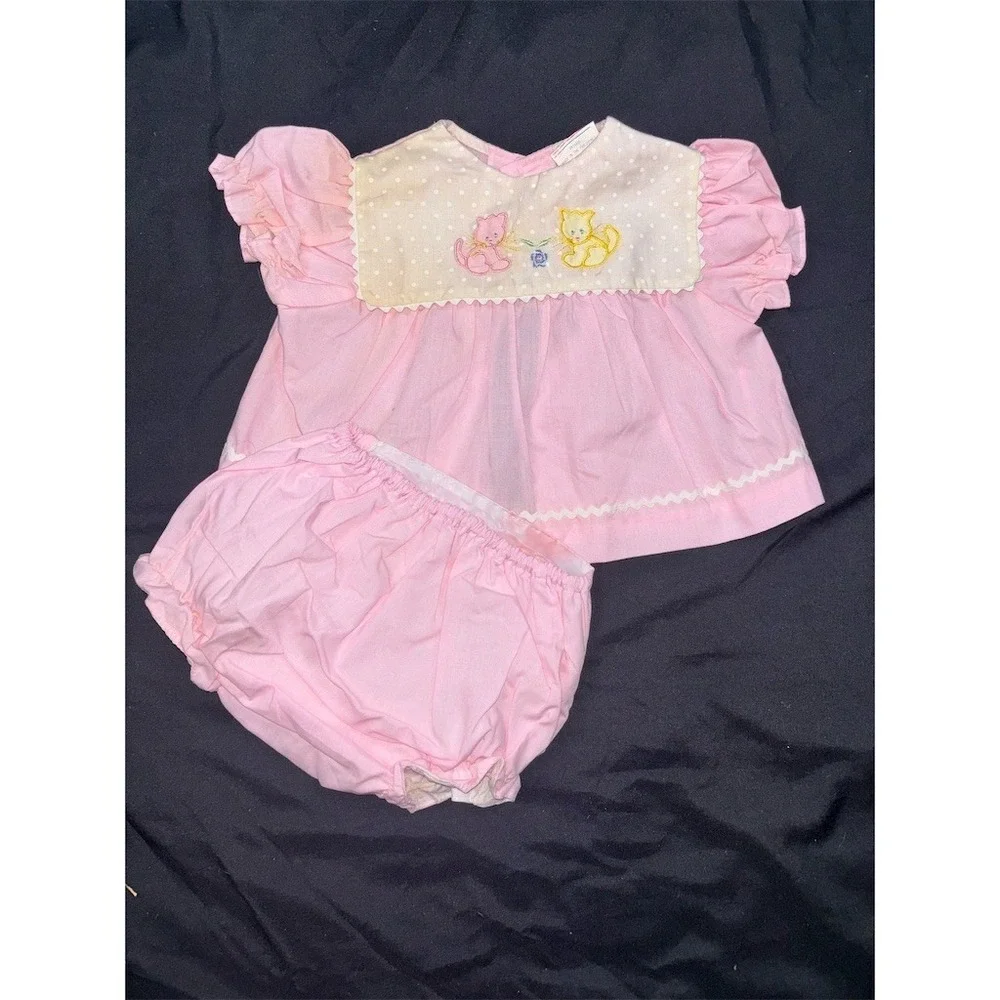 Carriage Boutique Cradle Togs Cats Baby Girls Pink Dress Top‎ Bloomers 60's 70's